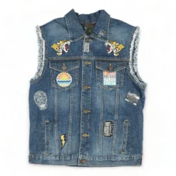 Blue Embroidered Detail Denim Vest